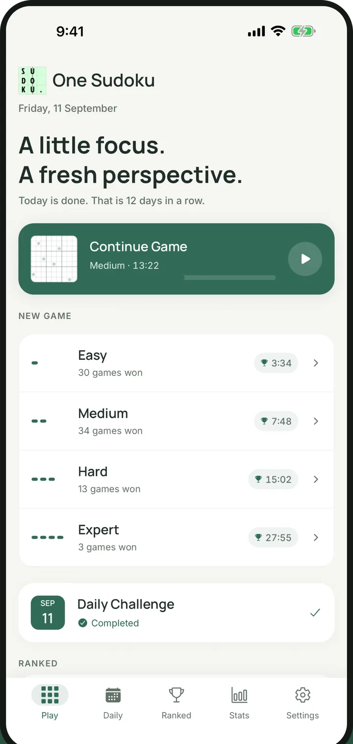 The OneSudoku home screen on a phone.